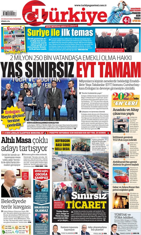 Türkiye Gazetesi 29 Aralık 2022, Perşembe Günü Manşeti