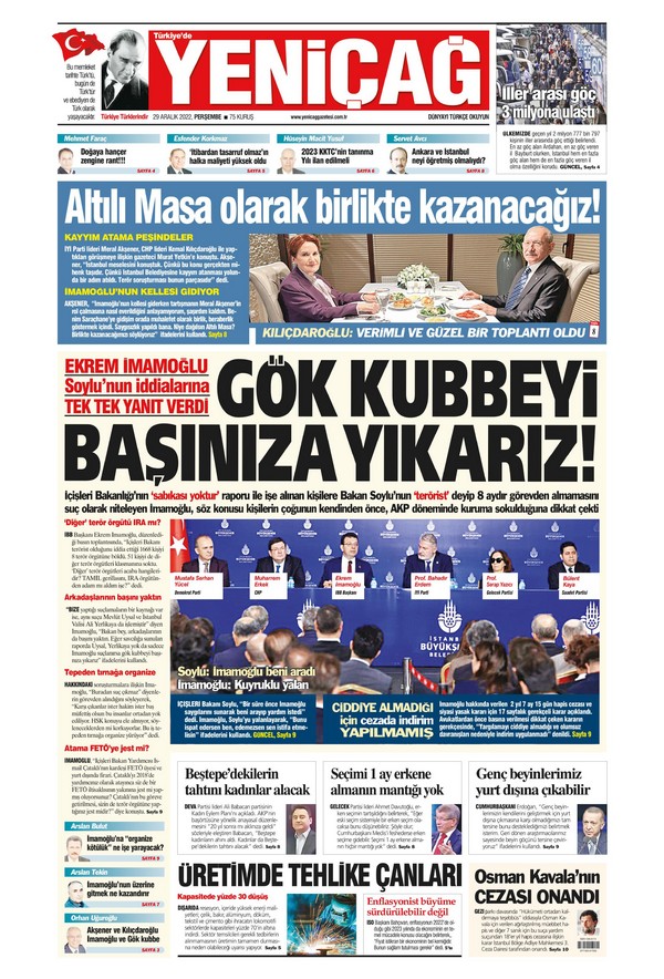 Yeniçağ Gazetesi 29 Aralık 2022, Perşembe Günü Manşeti
