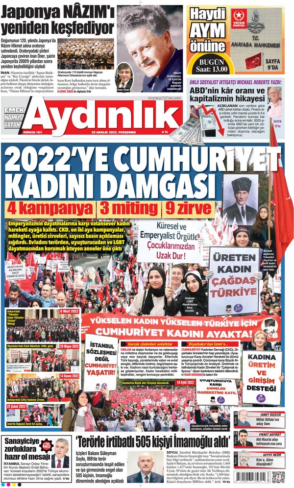 Aydınlık Gazetesi 29 Aralık 2022, Perşembe Günü Manşeti
