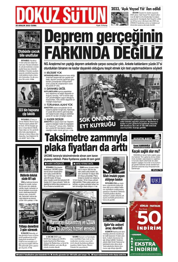 Dokuz Sütun Gazetesi 30 Aralık 2022, Cuma Günü Manşeti