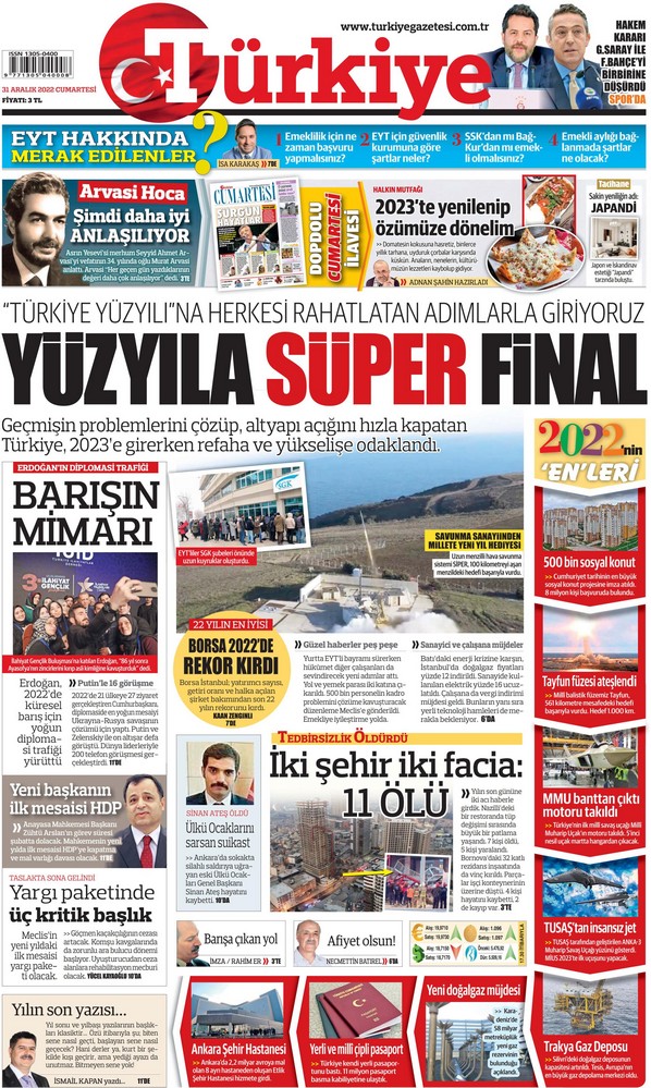 Türkiye Gazetesi 31 Aralık 2022, Cumartesi Günü Manşeti