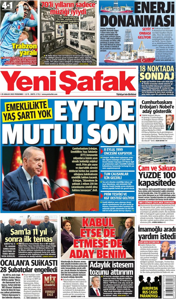 Yeni Şafak Gazetesi 29 Aralık 2022, Perşembe Günü Manşeti