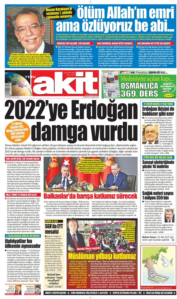 Yeni Akit Gazetesi 31 Aralık 2022, Cumartesi Günü Manşeti