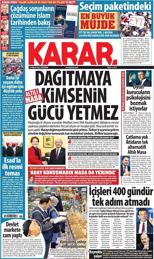 Karar Gazetesi 29 Aralık 2022, Perşembe Günü Manşeti