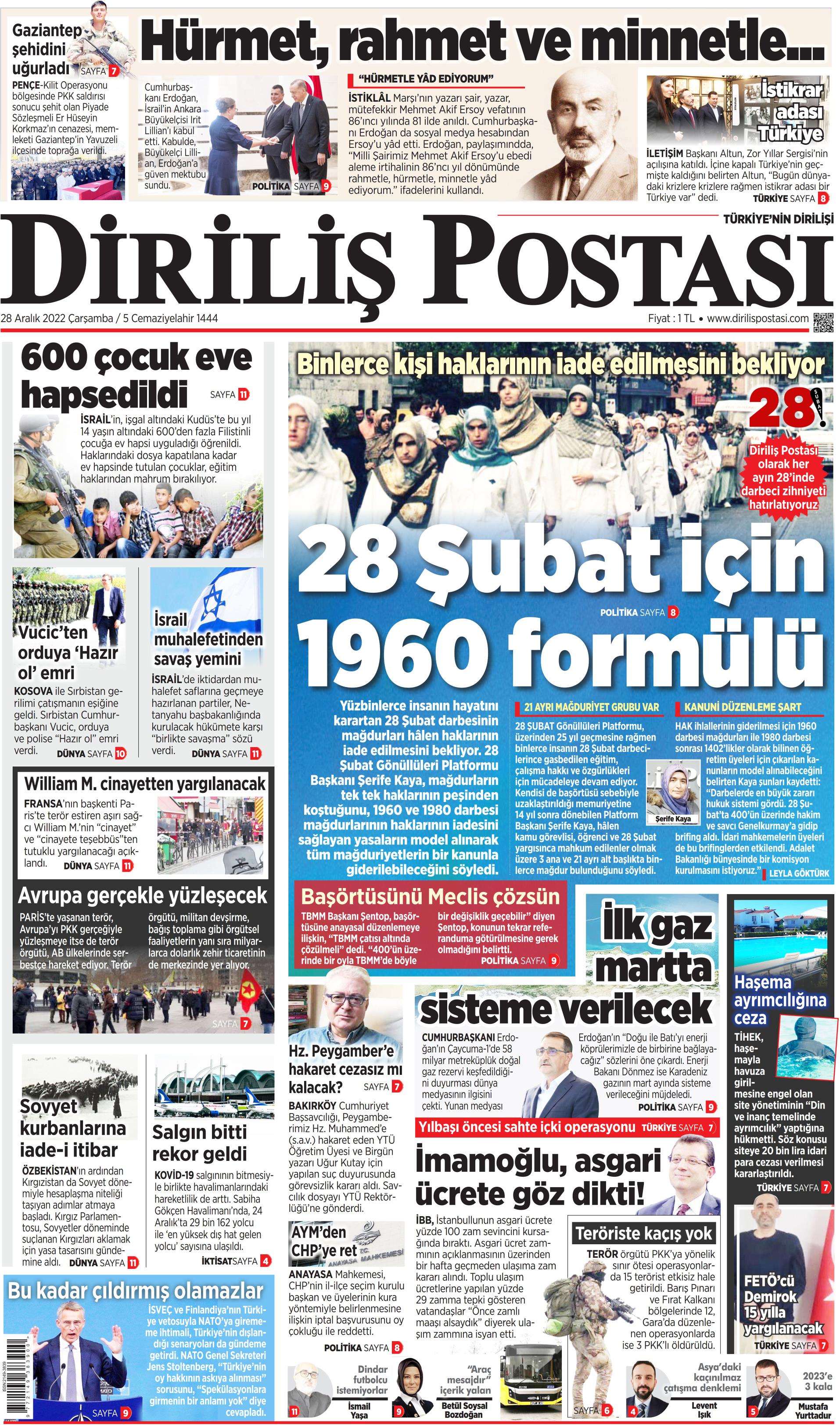 Diriliş Postası Gazetesi 28 Aralık 2022, Çarşamba Günü Manşeti