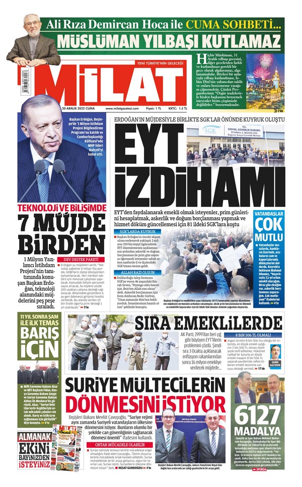 Milat Gazetesi 30 Aralık 2022, Cuma Günü Manşeti