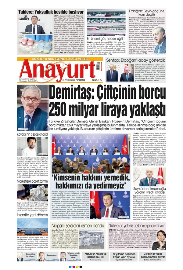 Anayurt Gazetesi 29 Aralık 2022, Perşembe Günü Manşeti
