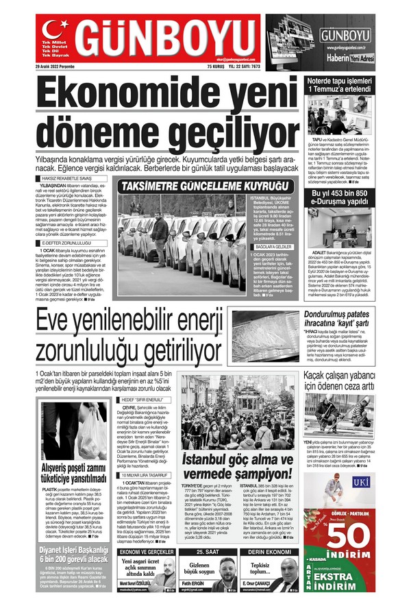 Günboyu Gazetesi 29 Aralık 2022, Perşembe Günü Manşeti