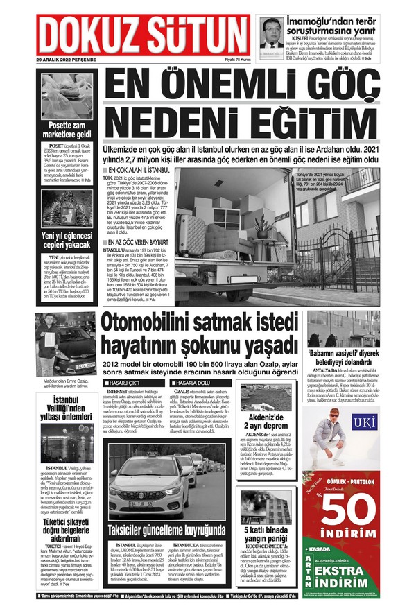Dokuz Sütun Gazetesi 29 Aralık 2022, Perşembe Günü Manşeti