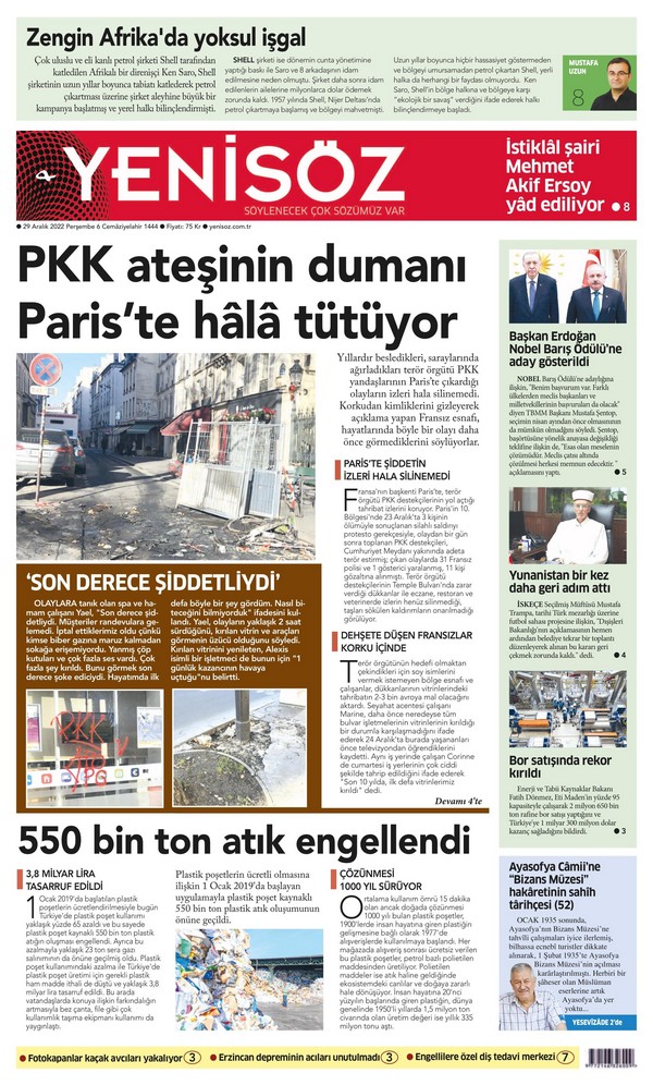 Yenisöz Gazetesi 29 Aralık 2022, Perşembe Günü Manşeti