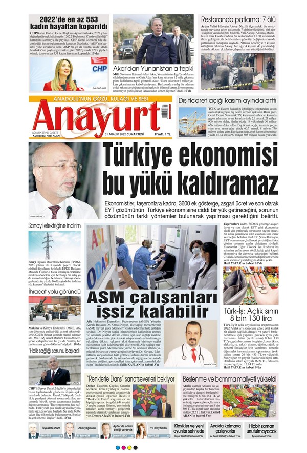 Anayurt Gazetesi 31 Aralık 2022, Cumartesi Günü Manşeti