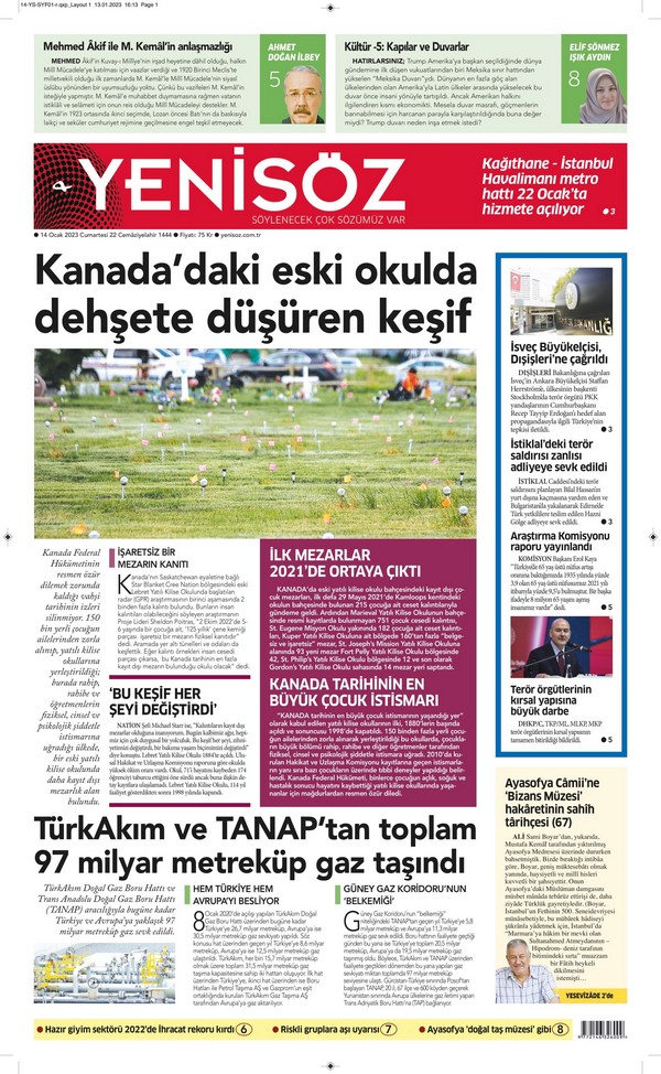 Yenisöz Gazetesi 14 Ocak 2023, Cumartesi Günü Manşeti