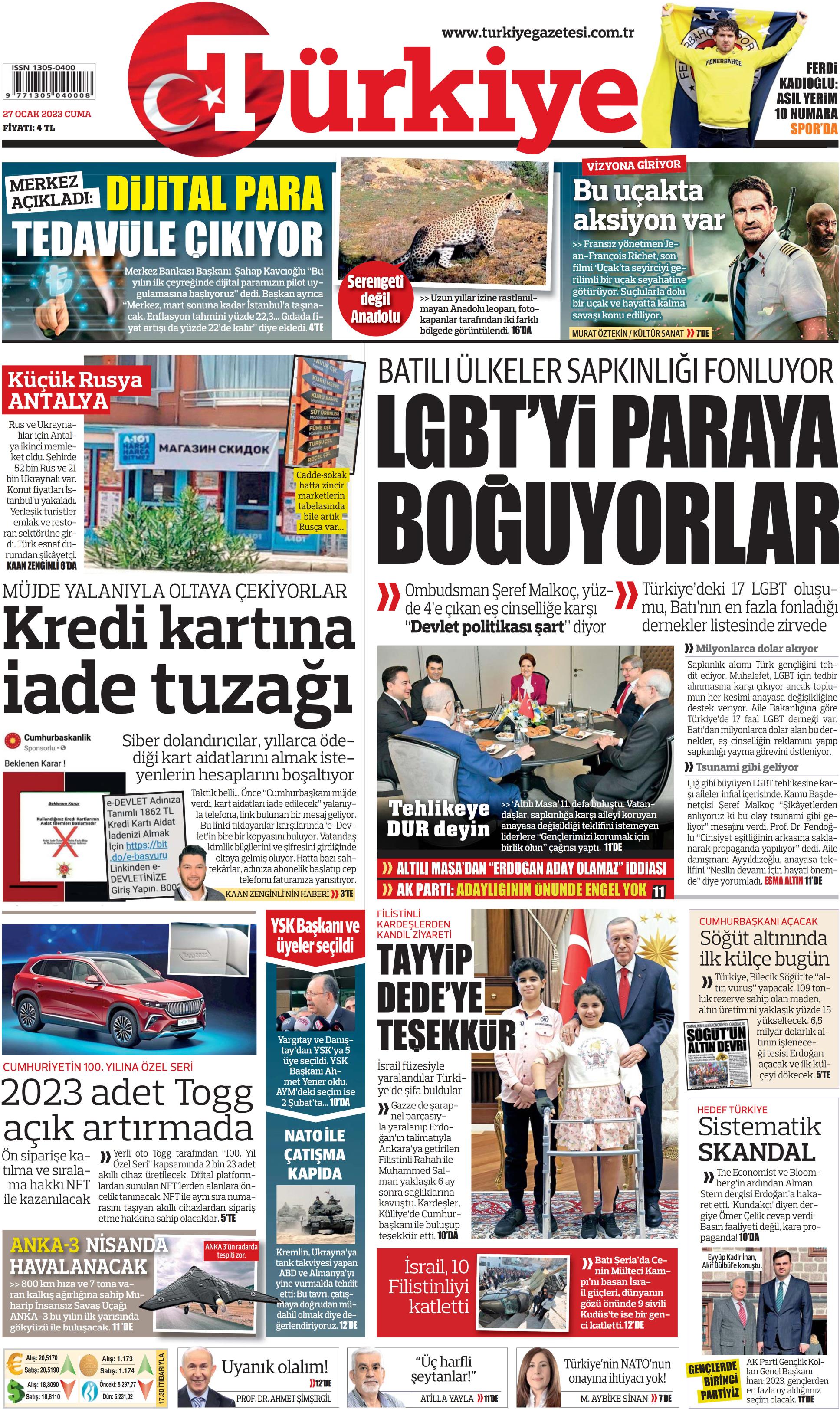 Türkiye Gazetesi 27 Ocak 2023, Cuma Günü Manşeti