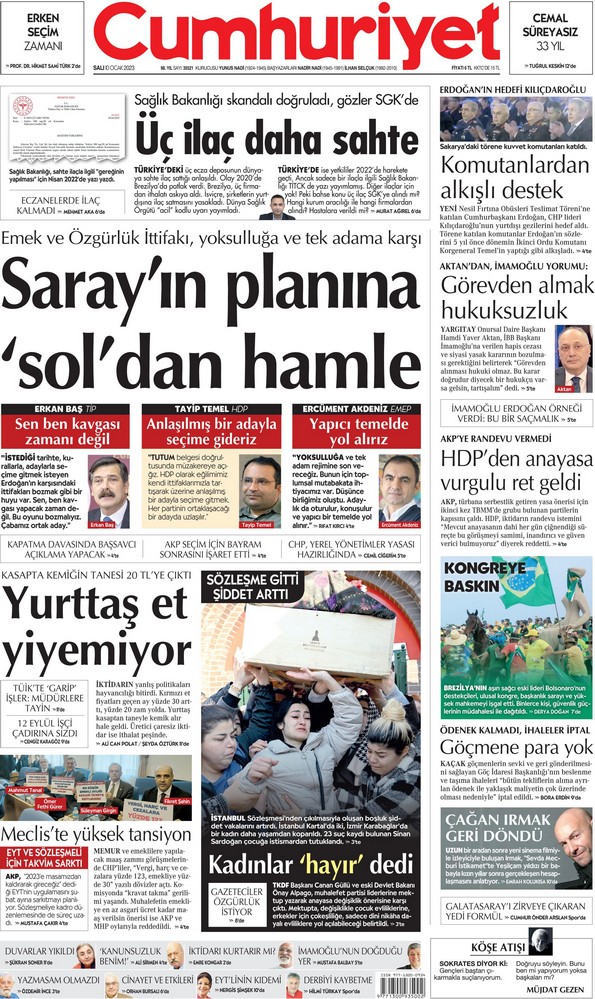 Cımhuriyet Gazetesi 10 Ocak 2023, Salı Günü Manşeti