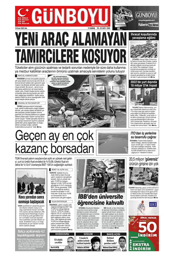 Günboyu Gazetesi 10 Ocak 2023, Salı Günü Manşeti