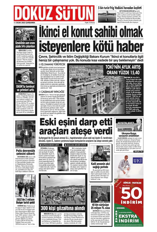 Dokuz Sütun Gazetesi 11 Ocak 2023, Çarşamba Günü Manşeti