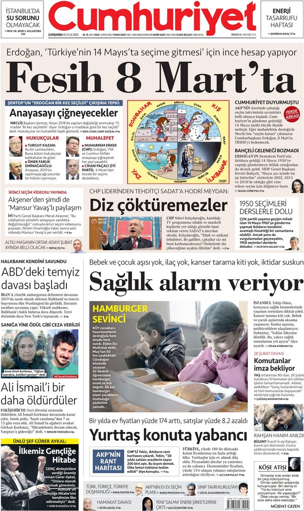 Cumhuriyet Gazetesi 18 Ocak 2023, Çarşamba Günü Manşeti