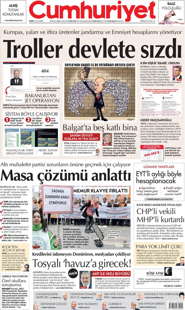 Cmhuriyet Gazetesi 13 Ocak 2023, Cuma Günü Manşeti