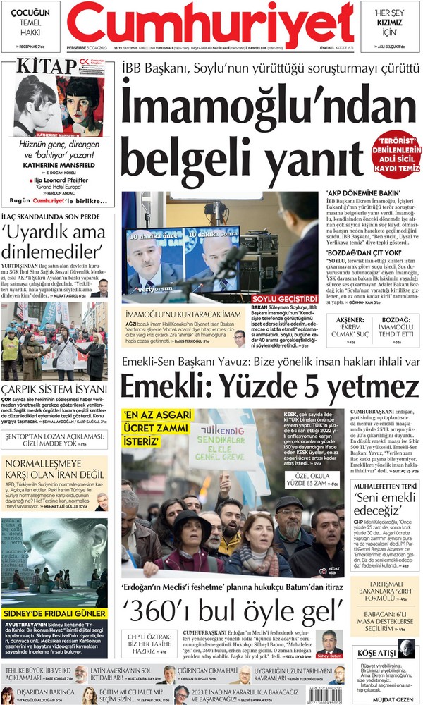 Cumhuriyet Gazetesi 5 Ocak 2023, Perşembe Günü Manşeti