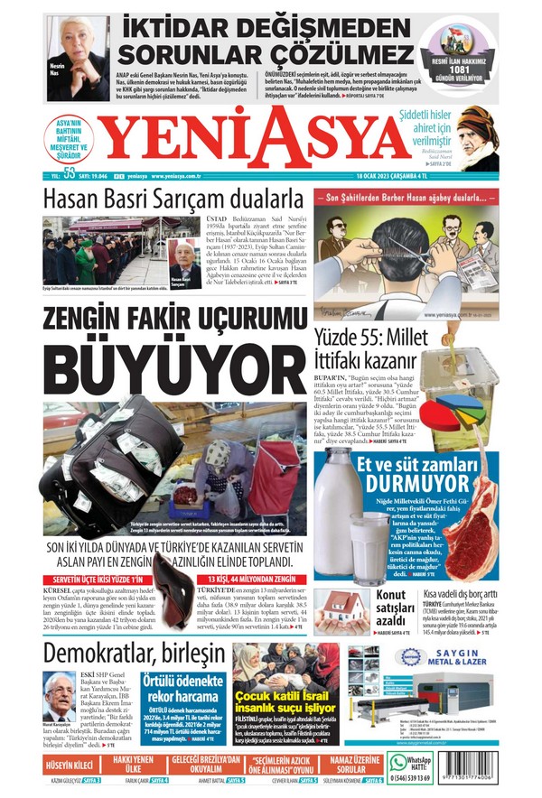 Yeni Asya Gazetesi 18 Ocak 2023, Çarşamba Günü Manşeti