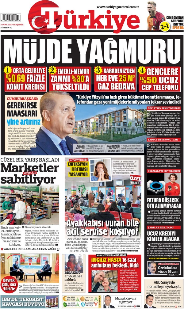 Türkiye Gazetesi 5 Ocak 2023, Perşembe Günü Manşeti