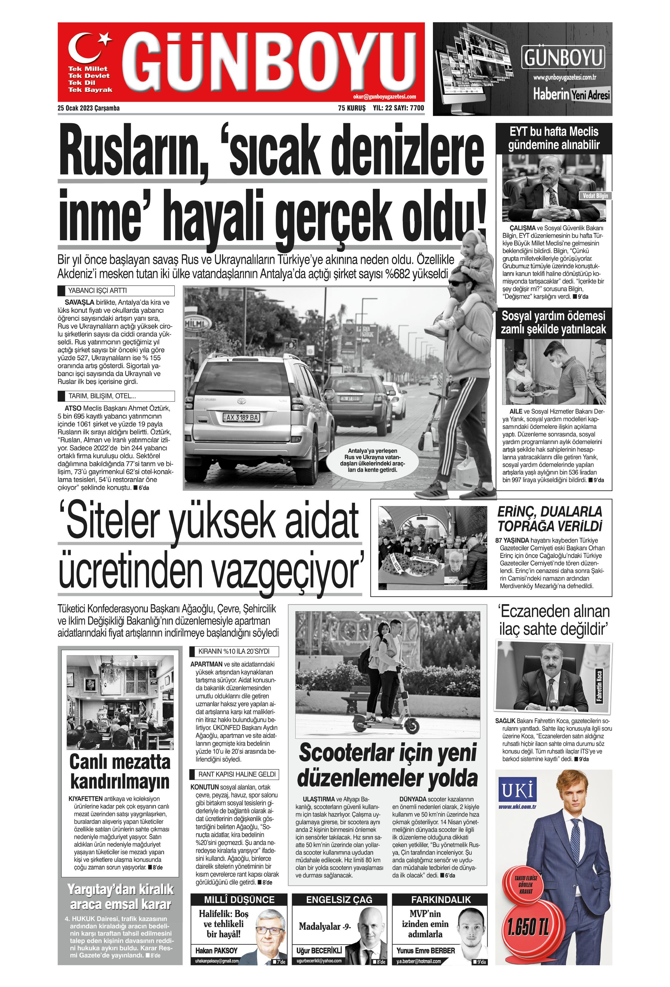 Günboyu Gazetesi 25 Ocak 2023, Çarşamba Günü Manşeti