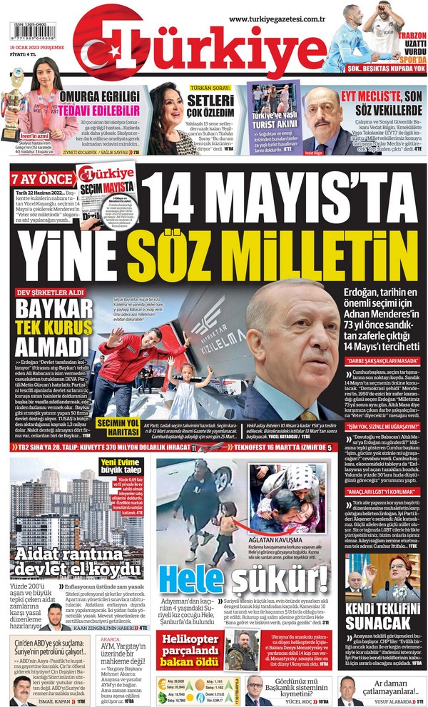 Türkiye Gazetesi 19 Ocak 2023, Perşembe Günü Manşeti