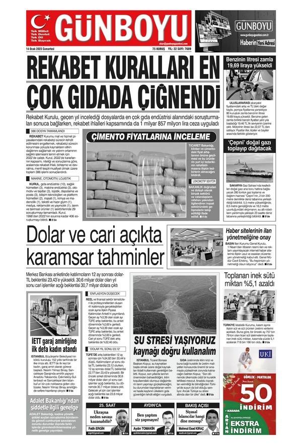 Günboyu Gazetesi 14 Ocak 2023, Cumartesi Günü Manşeti