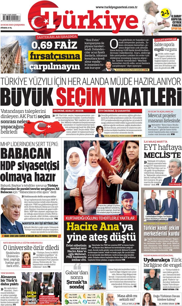Türkiye Gazetesi 18 Ocak 2023, Çarşamba Günü Manşeti