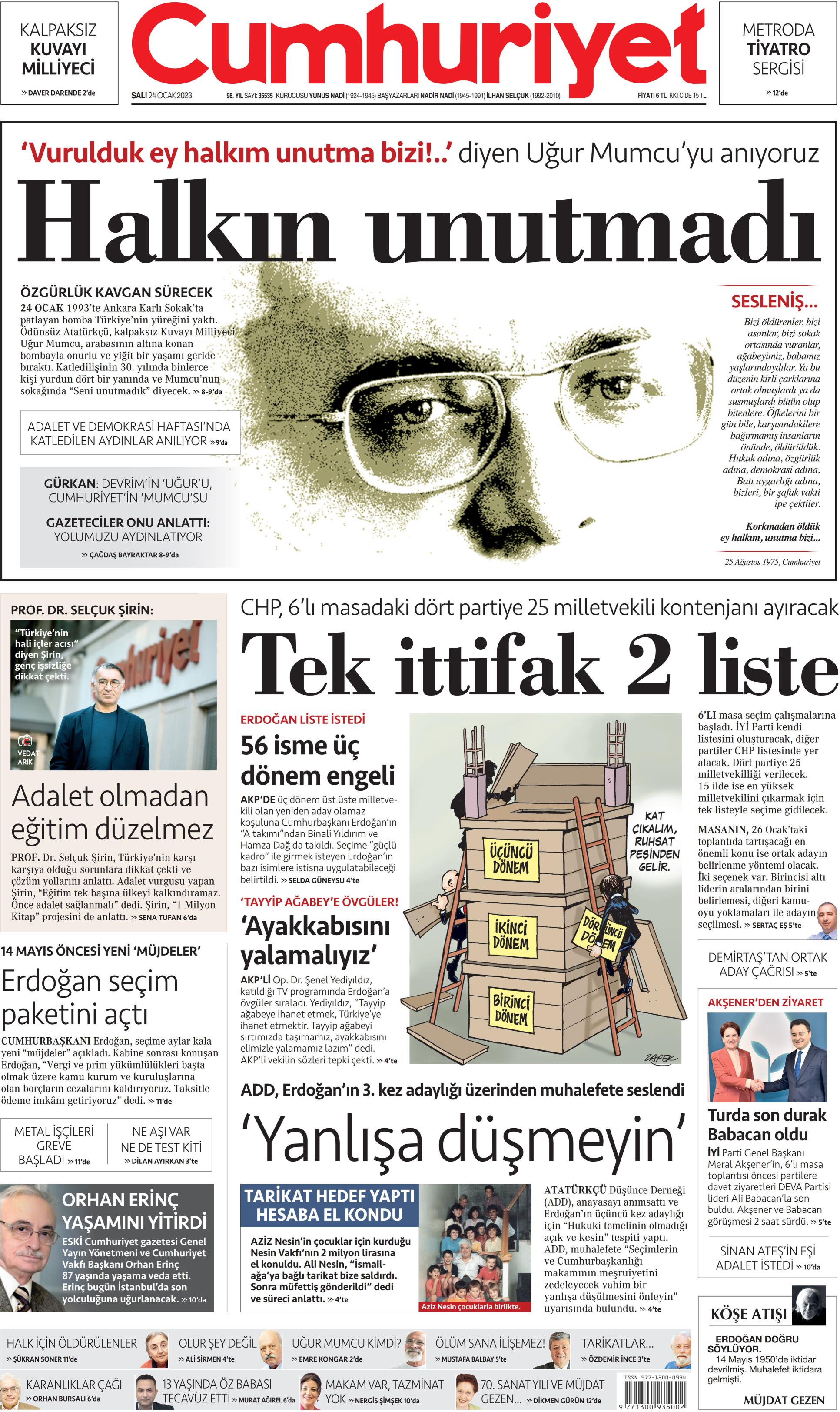 Cumhuriyet Gazetesi 24 Ocak 2023, Salı Günü Manşeti