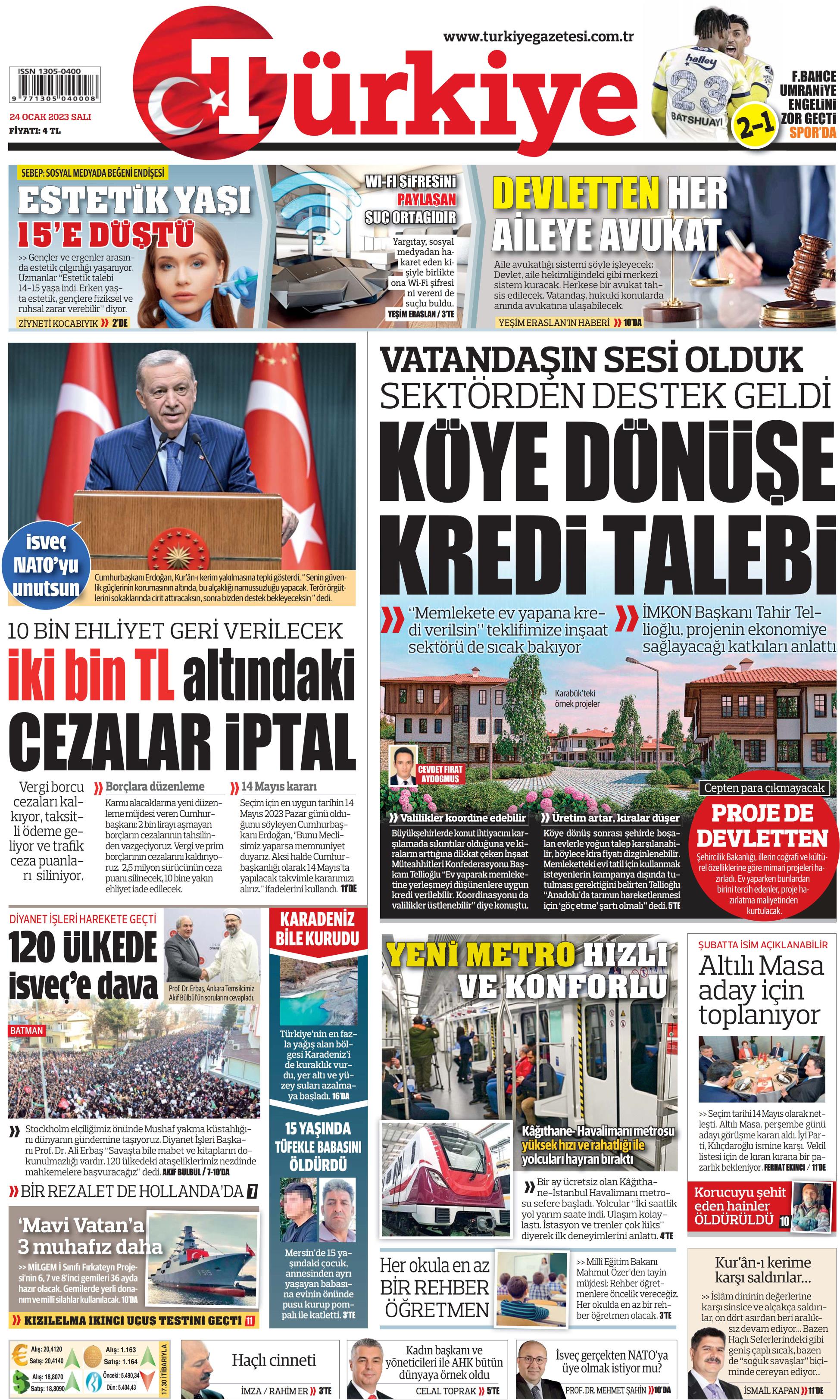 Türkiye Gazetesi 24 Ocak 2023, Salı Günü Manşeti