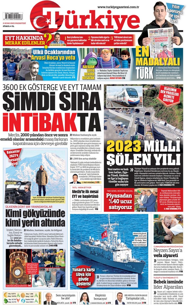 Türkiye Gazetesi 2 Ocak 2023, Pazartesi Günü Manşeti