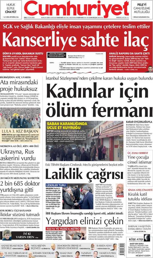 Cumhuriyet Gazetesi 3 Ocak 2023, Salı Günü Manşeti