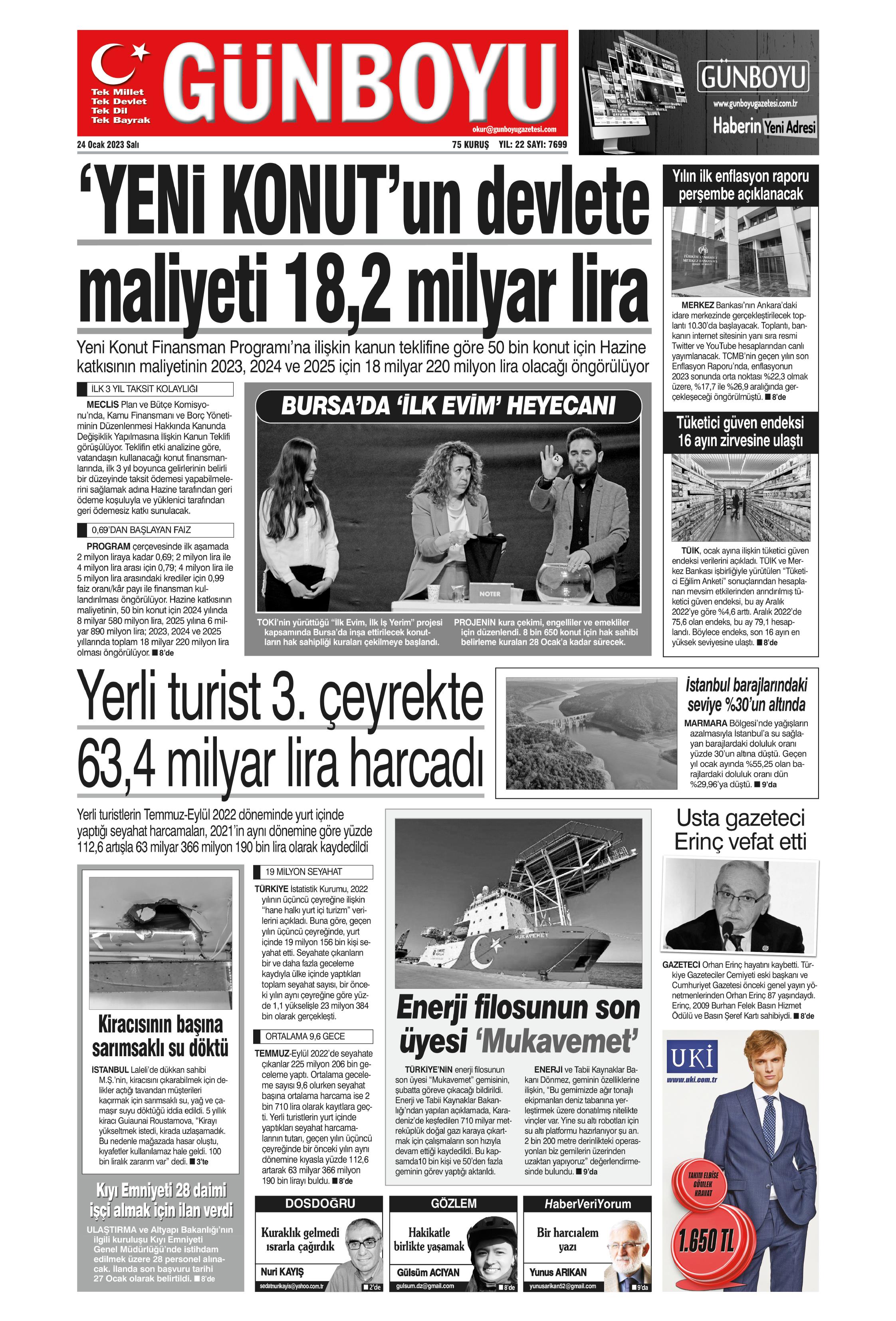 Günboyu Gazetesi 24 Ocak 2023, Salı Günü Manşeti