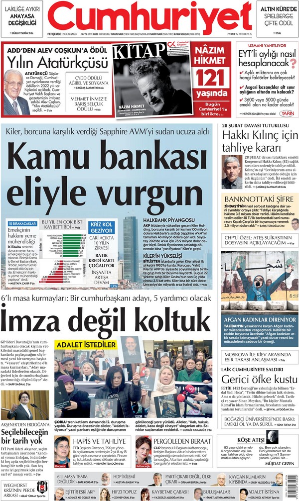 Cumhuriyet Gazetesi 12 Ocak 2023, Perşembe Günü Manşeti