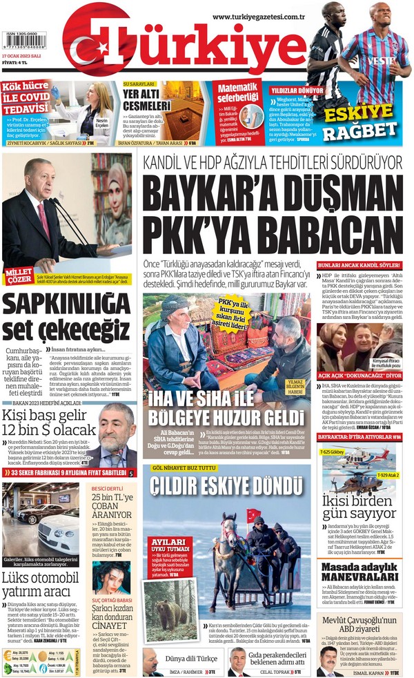 Türkiye Gazetesi 17 Ocak 2023, Salı Günü Manşeti