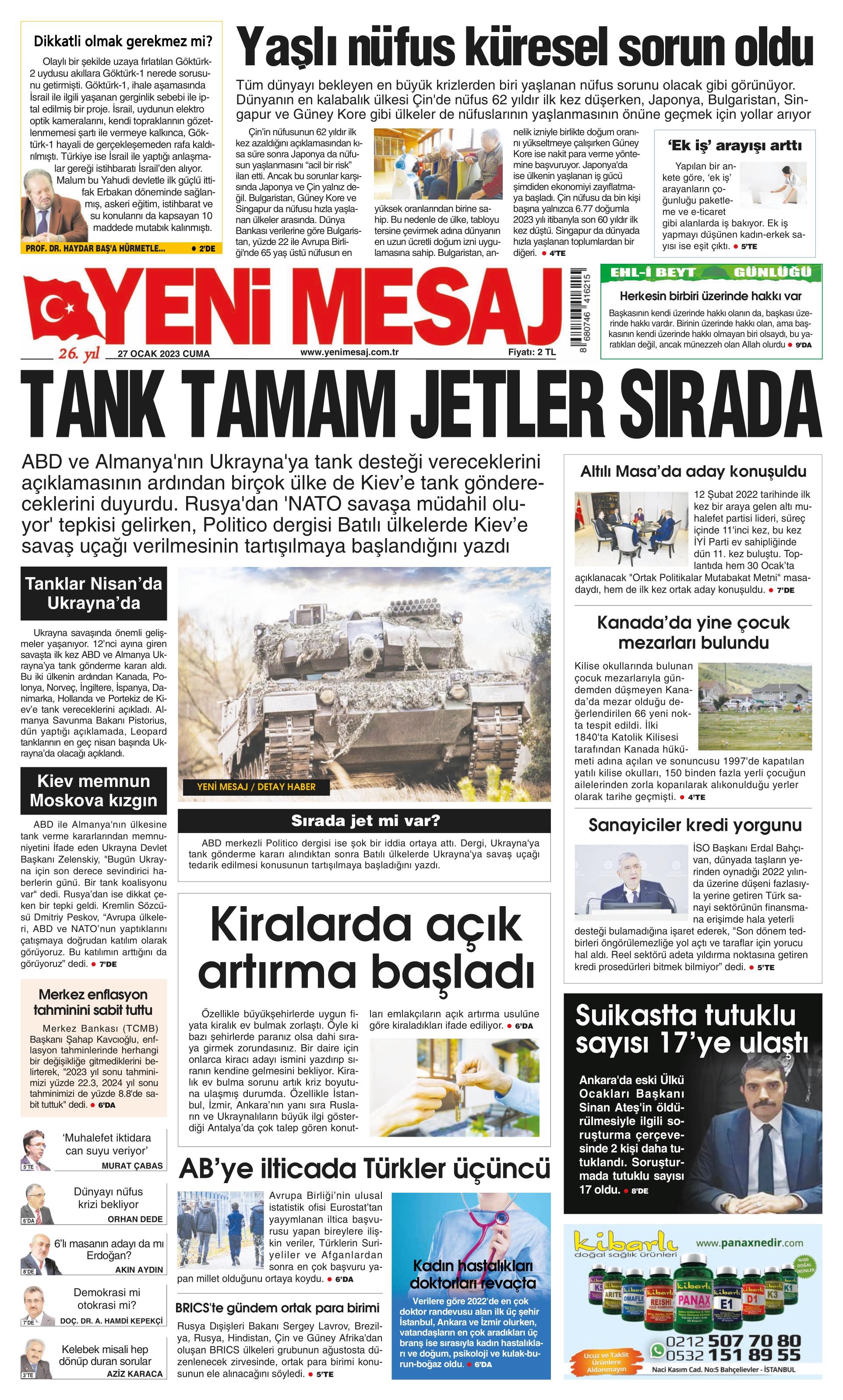 Yeni Mssaj Gazetesi 27 Ocak 2023, Cuma Günü Manşeti