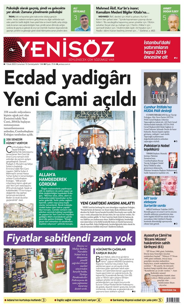 Yenisöz Gazetesi 7 Ocak 2023, Cumartesi Günü Manşeti