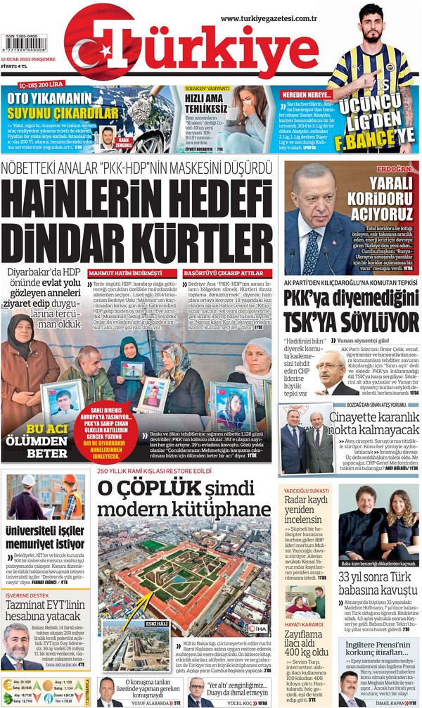 Türkiye Gazetesi 12 Ocak 2023, Perşembe Günü Manşeti