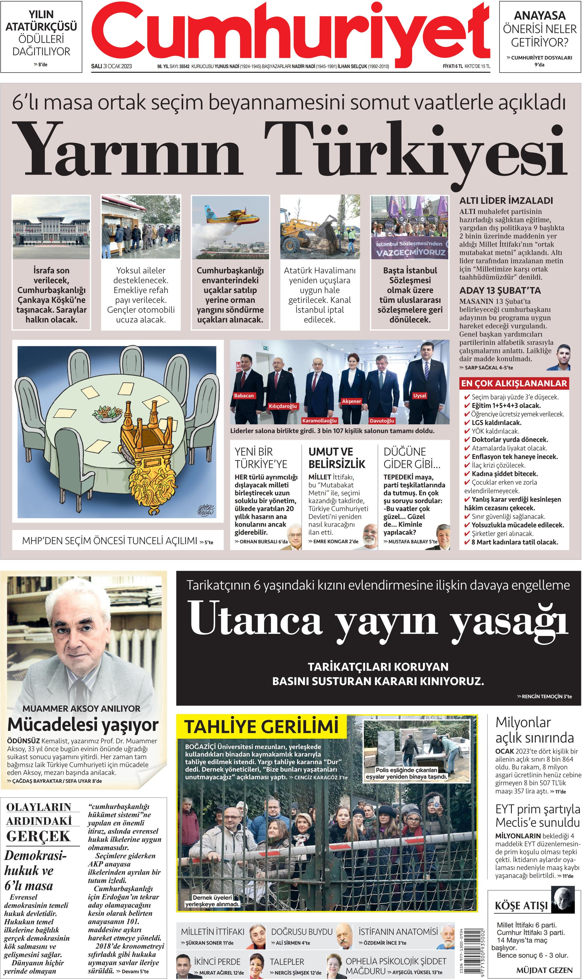 Cumhuriyet Gazetesi 31 Ocak 2023, Salı Günü Manşeti