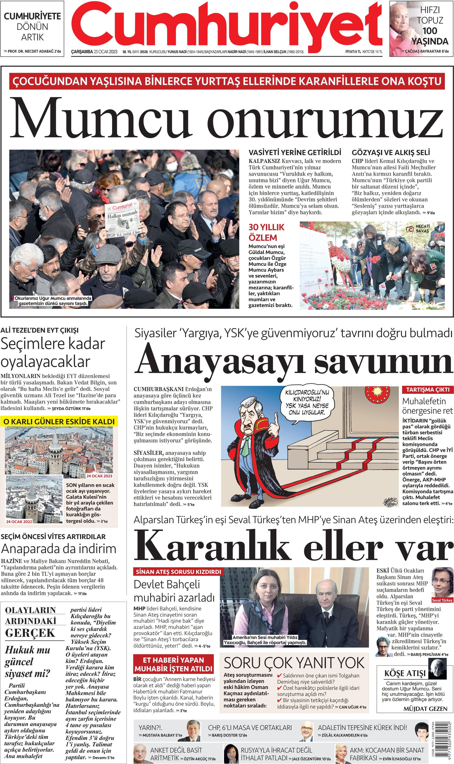 Cumhuriyet Gazetesi 25 Ocak 2023, Çarşamba Günü Manşeti
