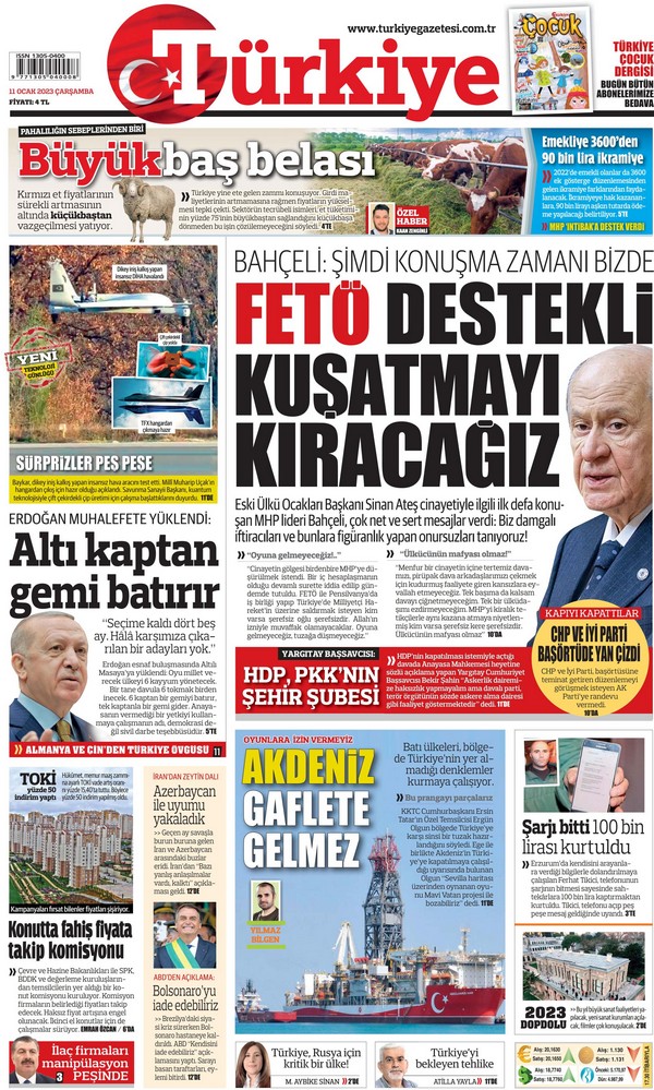 Türkiye Gazetesi 11 Ocak 2023, Çarşamba Günü Manşeti