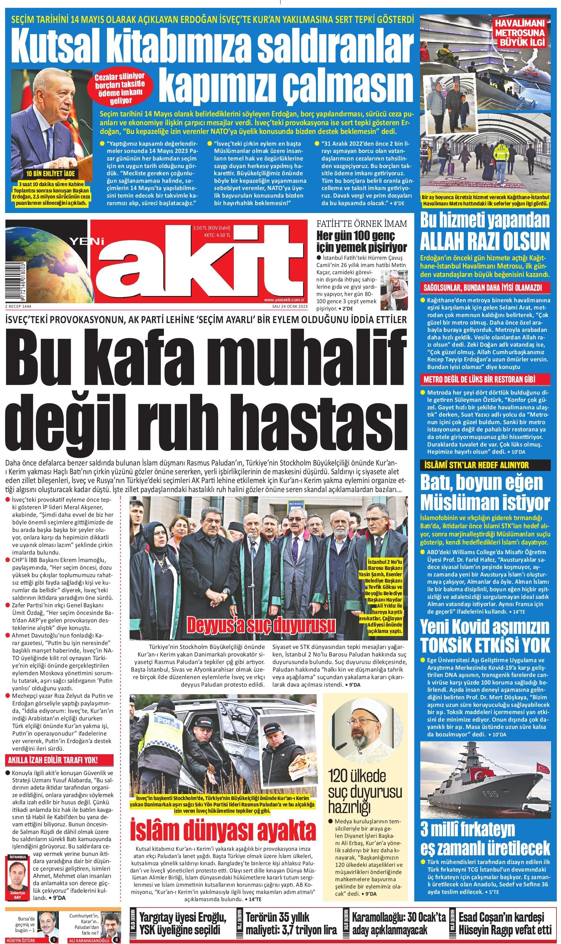 Yen Akit Gazetesi 24 Ocak 2023, Salı Günü Manşeti