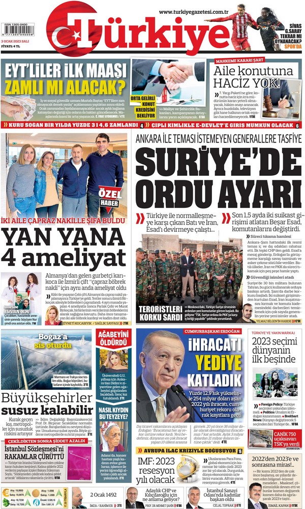 Türkiye Gazetesi 3 Ocak 2023, Salı Günü Manşeti