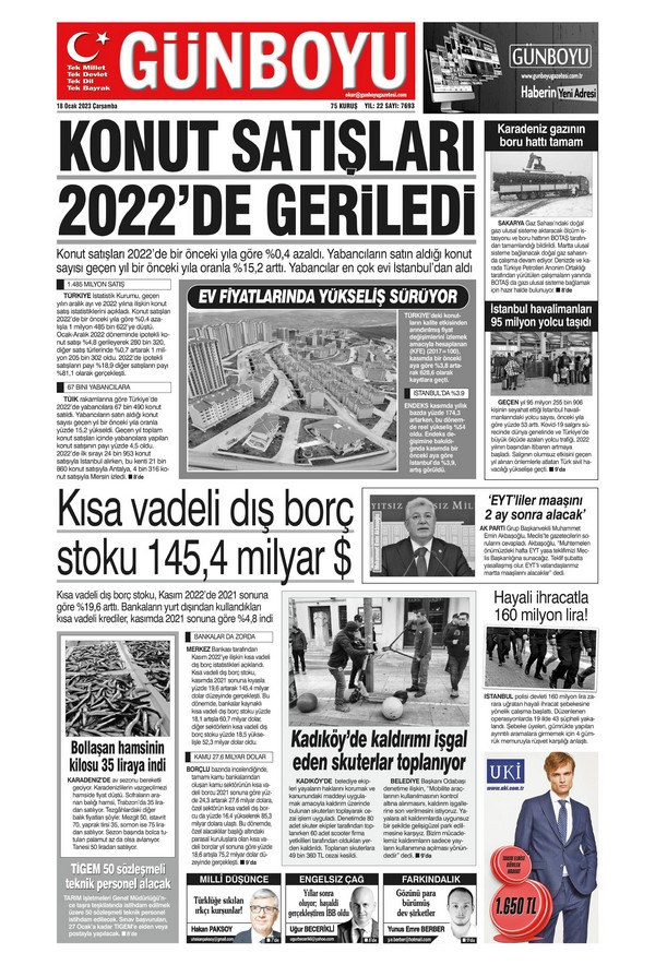 Günboyu Gazetesi 18 Ocak 2023, Çarşamba Günü Manşeti