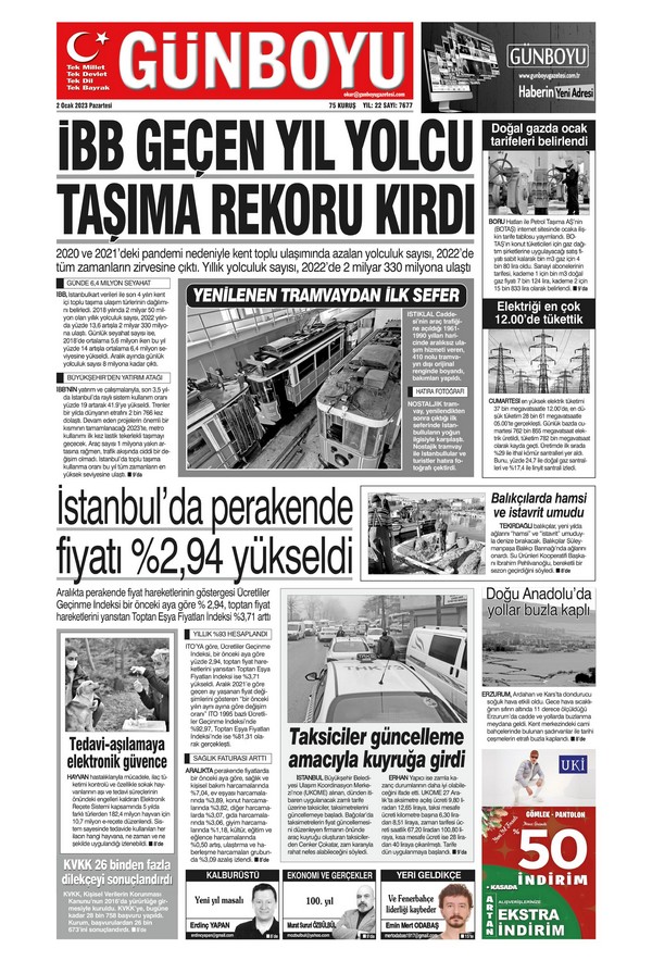 Günboyu Gazetesi 2 Ocak 2023, Pazartesi Günü Manşeti