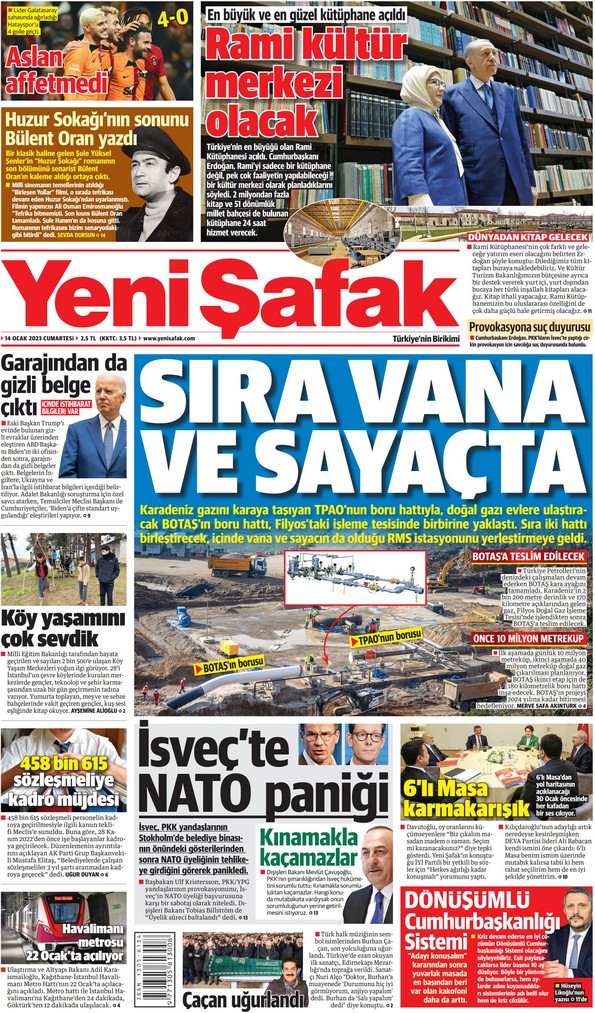 Yeni Şafak Gazetesi 14 Ocak 2023, Cumartesi Günü Manşeti