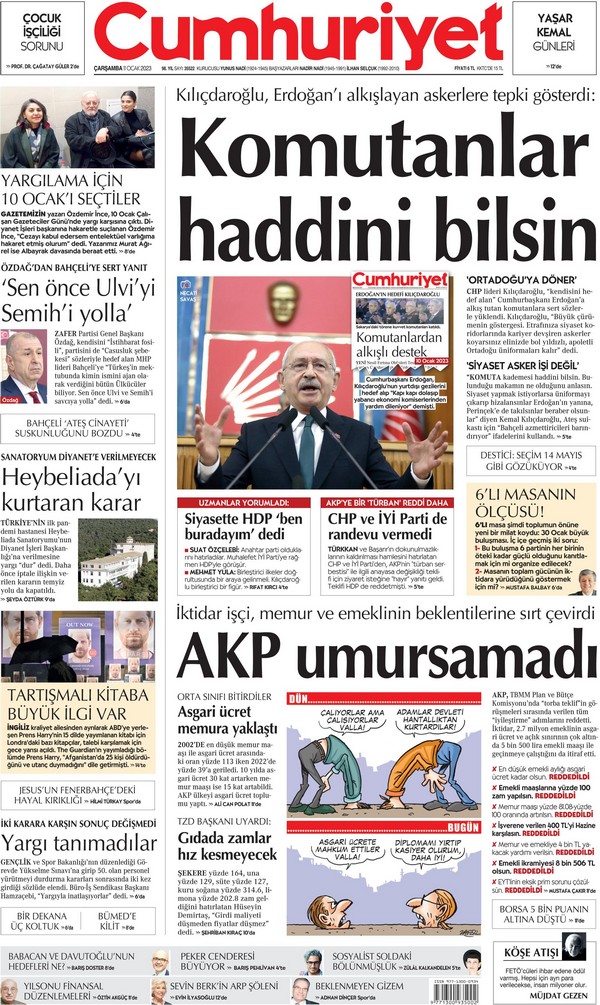 Cumhuriyet Gazetesi 11 Ocak 2023, Çarşamba Günü Manşeti