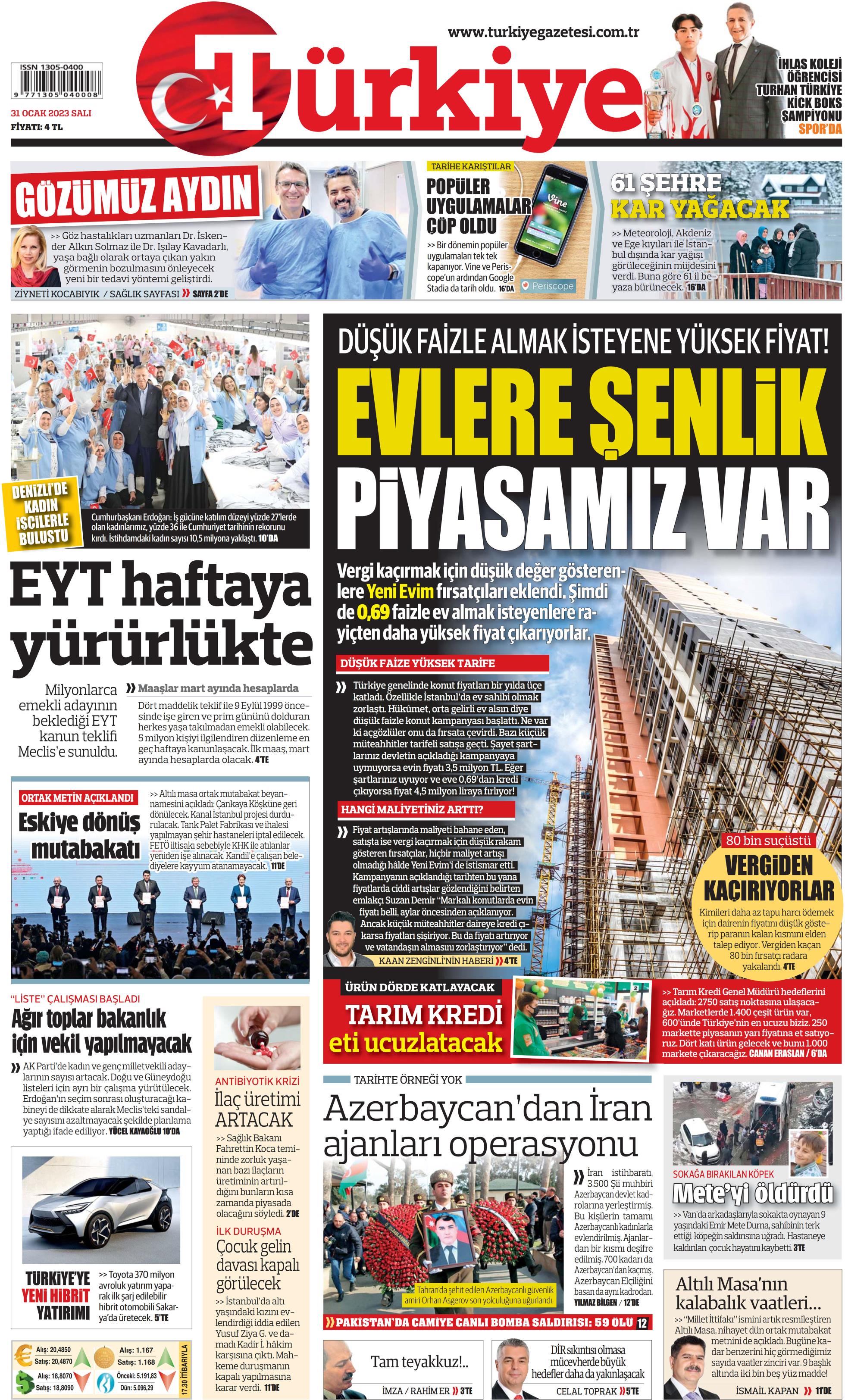 Türkiye Gazetesi 31 Ocak 2023, Salı Günü Manşeti