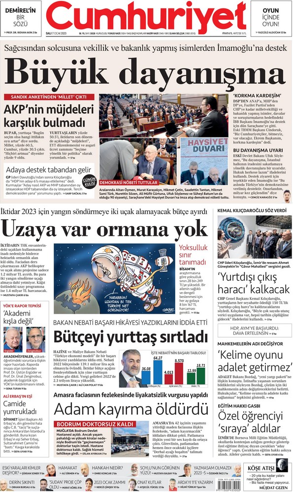 Cumhuriyet Gazetesi 17 Ocak 2023, Salı Günü Manşeti